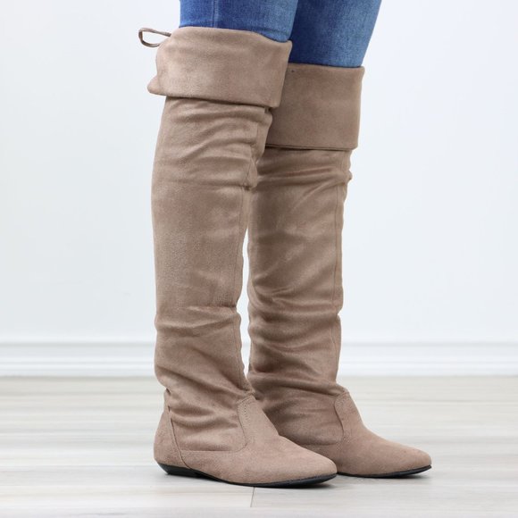 Fold Over Taupe Thigh High Over The Knee Flat No Heel Boots Faux Suede Pointed - Picture 2 of 14